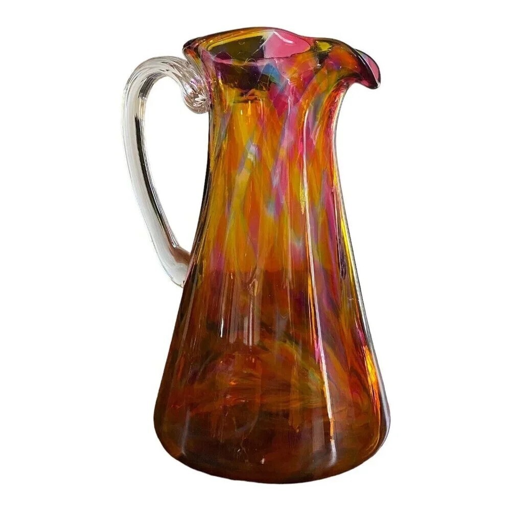 Art Glass Handblown Pitcher Signed Phillip 2000 Tangerine Pink Yellow 7.5” Tall